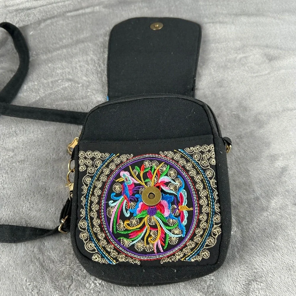 Boho Embroidered Canvas Crossbody Bag Black Floral Bird Utility Phone Purse